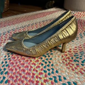 NWOT Frances Valentine Gold Metallic Ruched Pointed-Toe Kitten Heels